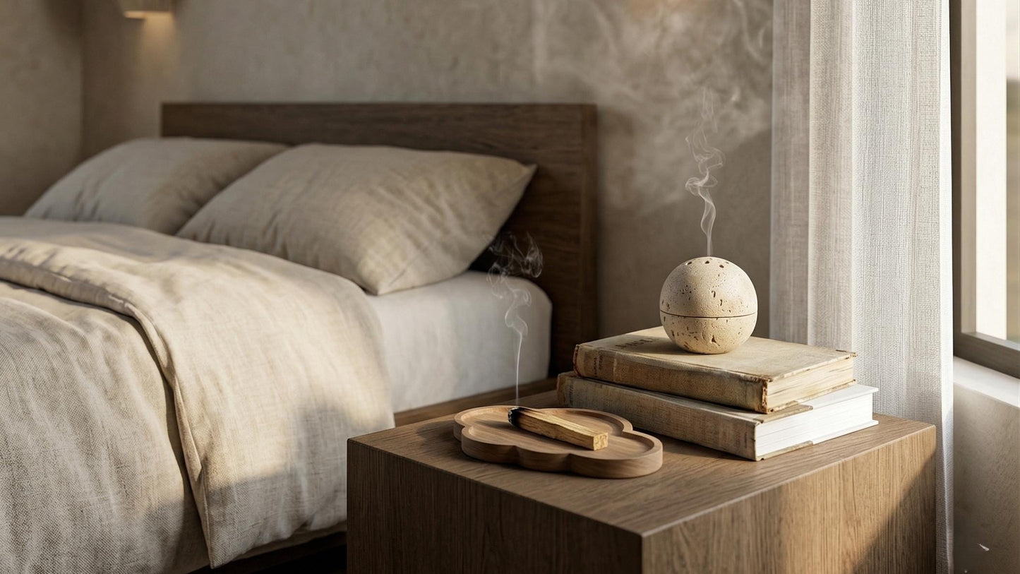 Travertine Stone Sphere Incense Burner - Minimalist Japandi Decor,
