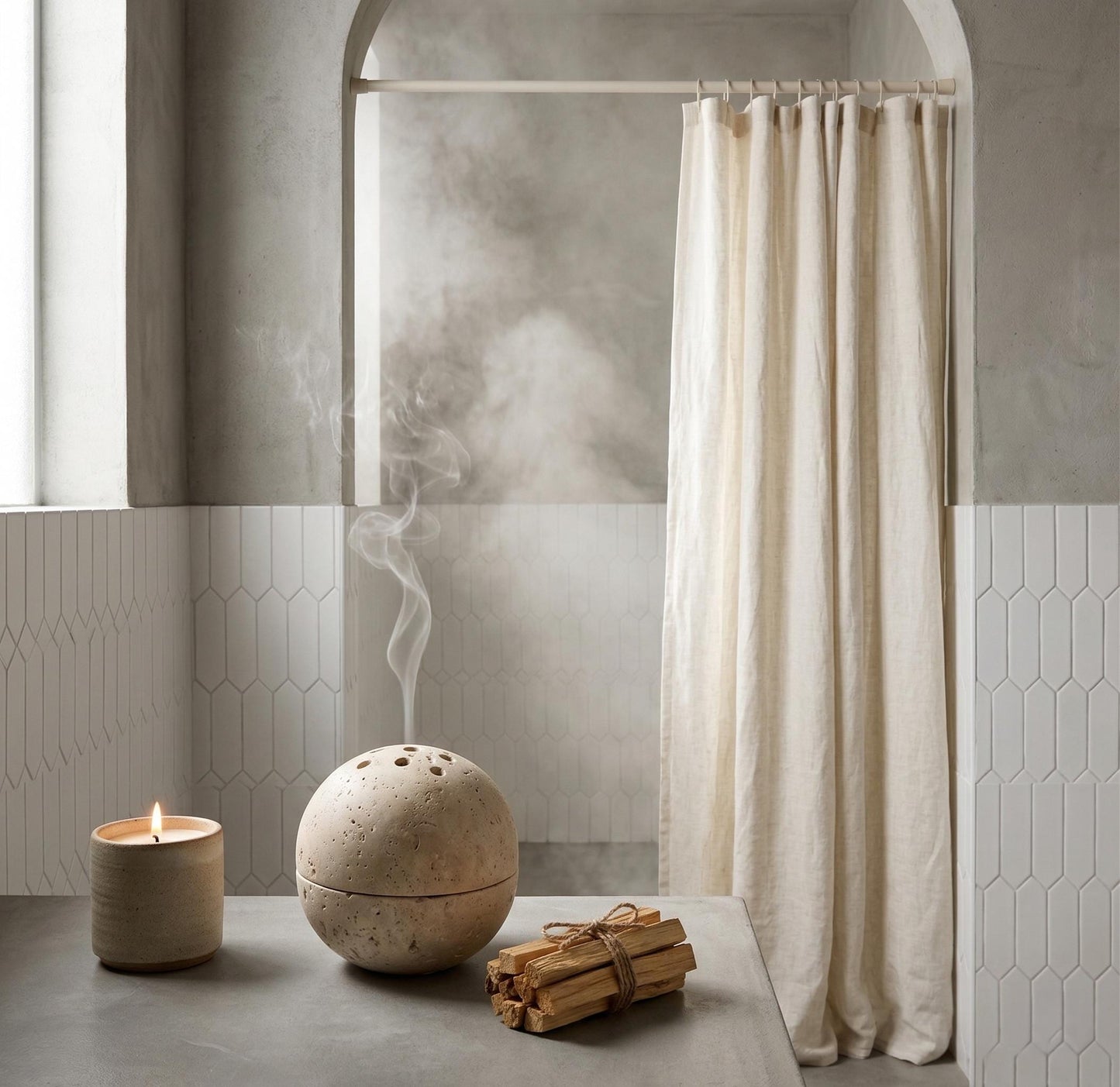 Travertine Stone Sphere Incense Burner - Minimalist Japandi Decor,