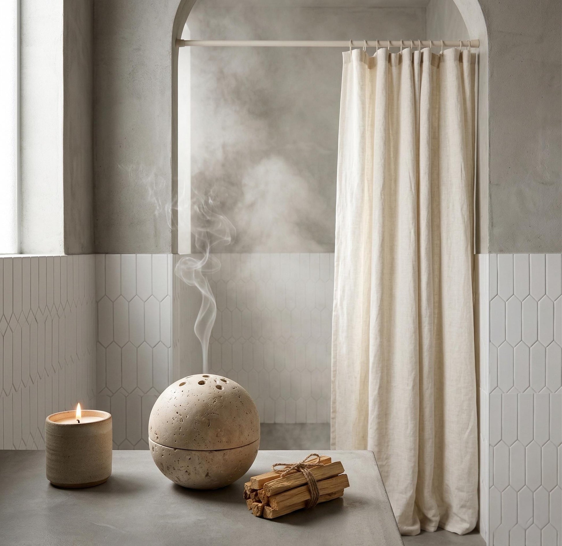 Travertine Stone Sphere Incense Burner - Minimalist Japandi Decor,