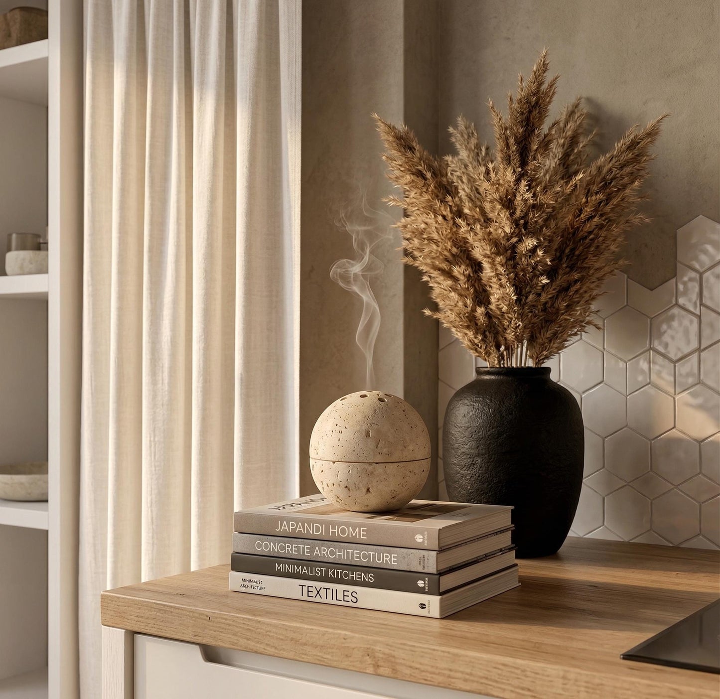 Travertine Stone Sphere Incense Burner - Minimalist Japandi Decor,