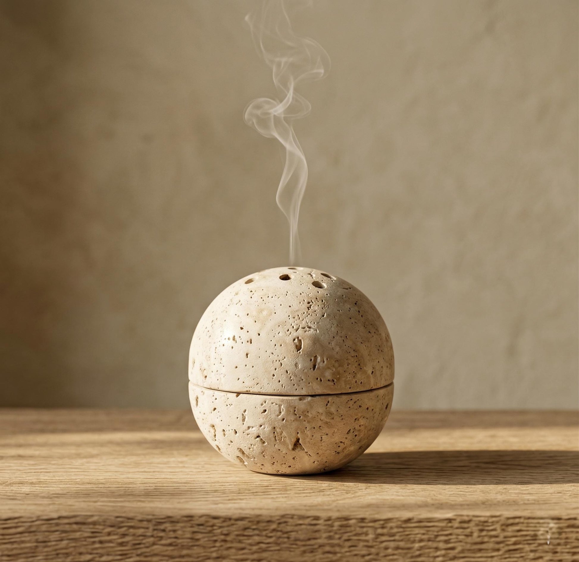 Travertine Stone Sphere Incense Burner - Minimalist Japandi Decor,