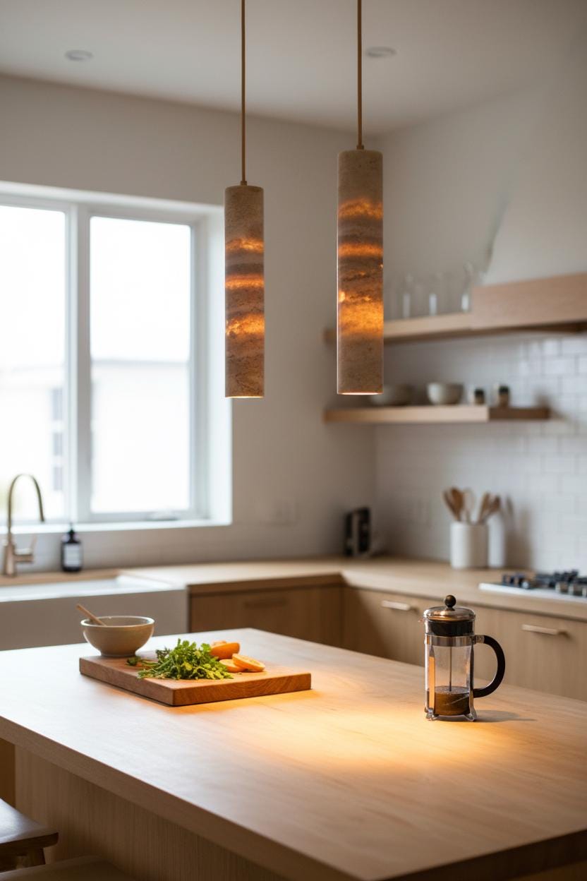 Travertine Pendant Light Cylinder – Wabi Sabi Japandi Stone Lamp, Natural Beige Hanging Light, Kitchen Island Bedside Minimalist Lighting