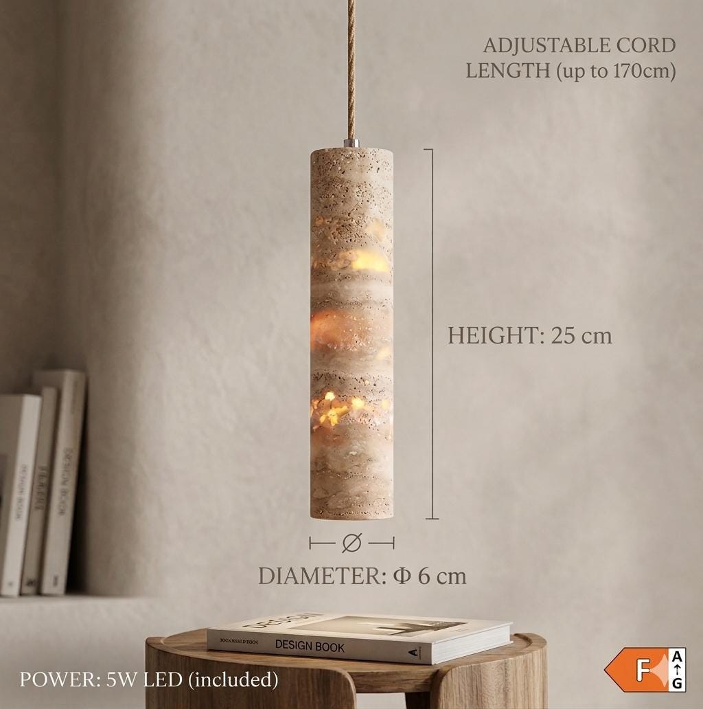 Travertine Pendant Light Cylinder – Wabi Sabi Japandi Stone Lamp, Natural Beige Hanging Light, Kitchen Island Bedside Minimalist Lighting