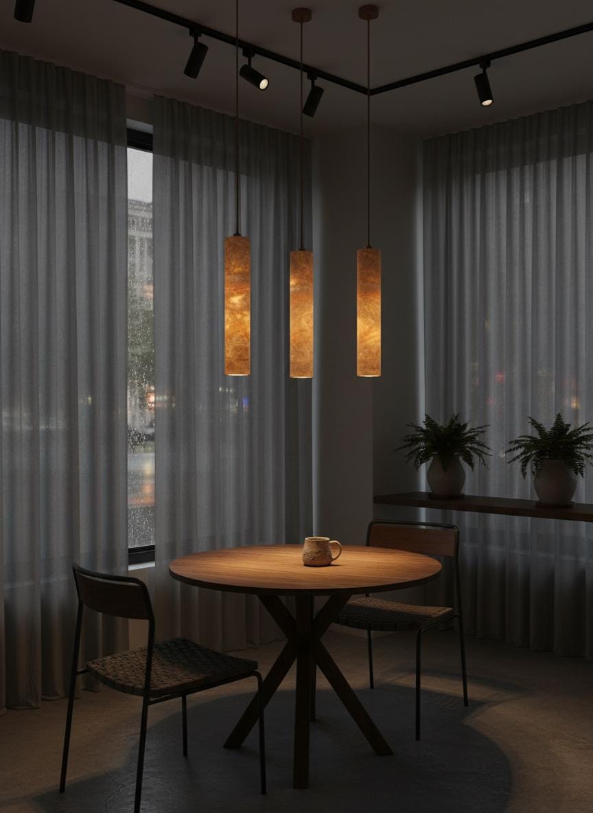 Travertine Pendant Light Cylinder – Wabi Sabi Japandi Stone Lamp, Natural Beige Hanging Light, Kitchen Island Bedside Minimalist Lighting