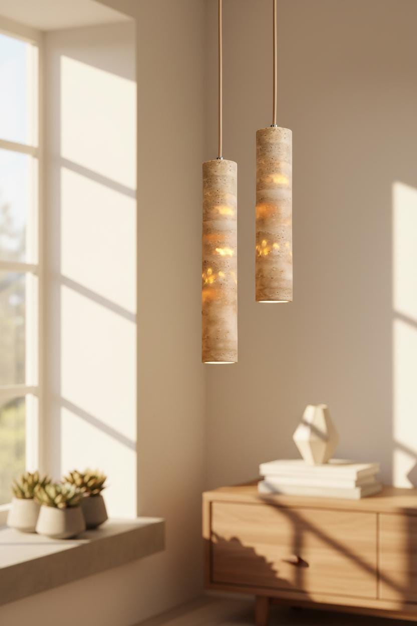 Travertine Pendant Light Cylinder – Wabi Sabi Japandi Stone Lamp, Natural Beige Hanging Light, Kitchen Island Bedside Minimalist Lighting