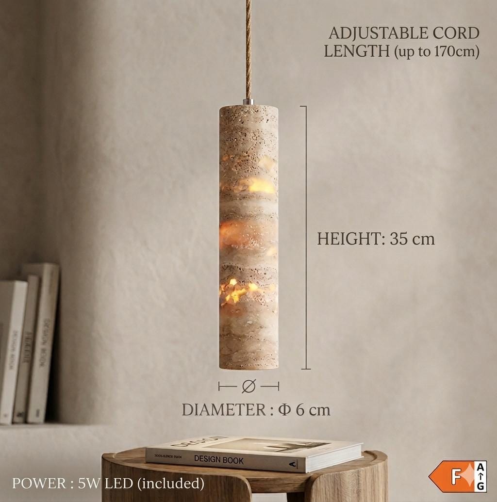 Travertine Pendant Light Cylinder – Wabi Sabi Japandi Stone Lamp, Natural Beige Hanging Light, Kitchen Island Bedside Minimalist Lighting