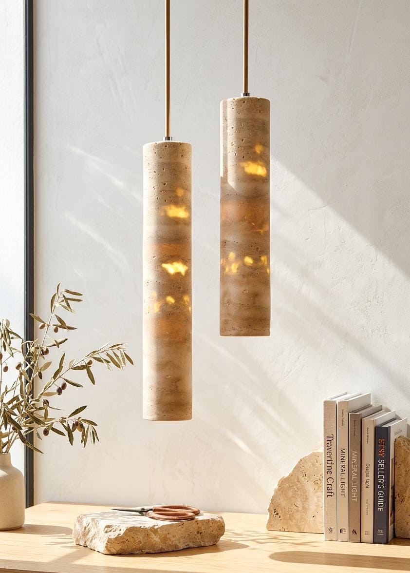 Travertine Pendant Light Cylinder – Wabi Sabi Japandi Stone Lamp, Natural Beige Hanging Light, Kitchen Island Bedside Minimalist Lighting